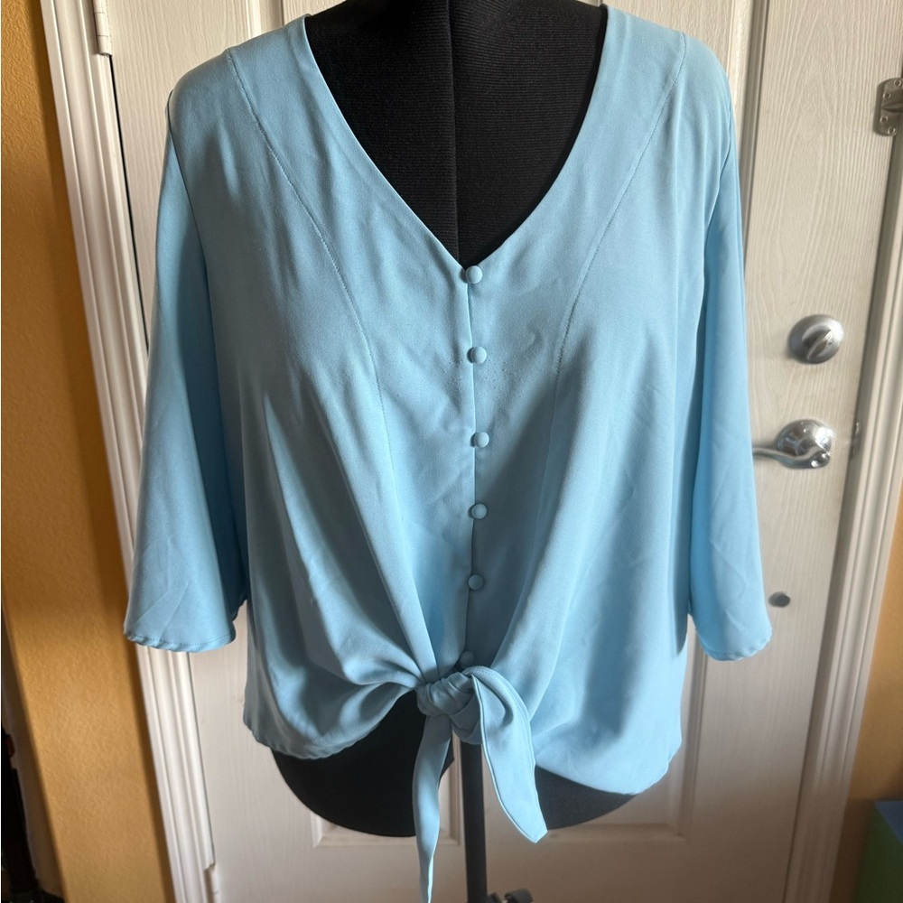 Sky Blue V-Neck Button-Down Blouse